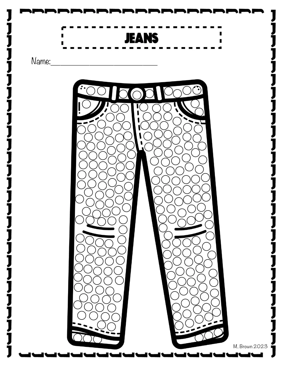 Jeans for letter J: students dab paint into the circles covering a pair of jeans, from waistband to cuffs