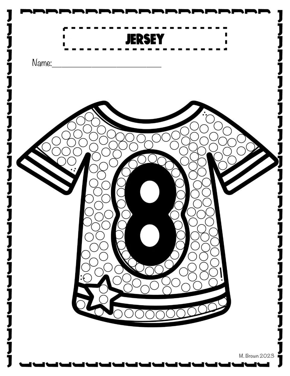 Jersey for letter J: students dot the circles around a big number 8 and a star on a sports jersey with a Q-tip