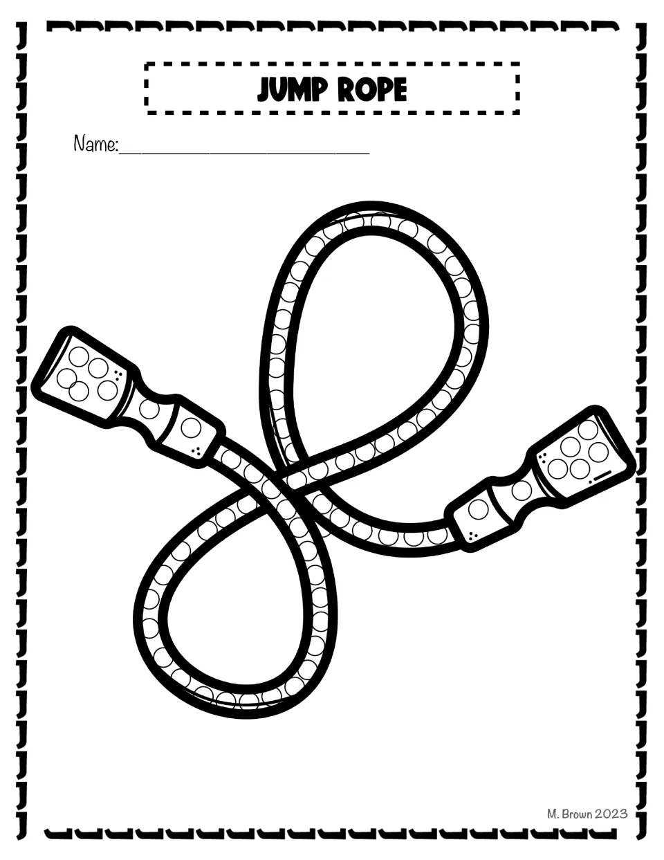 Jump rope for letter J: students follow the looping rope and handles, dabbing each small circle with a Q-tip