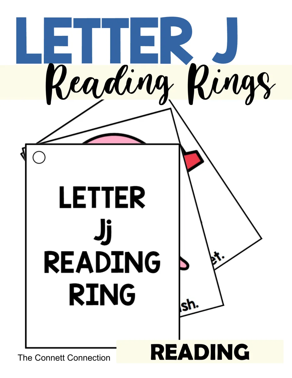 Cover for Letter J Reading Rings: a fanned stack of hole-punched J word cards topped by a Letter Jj Reading Ring card