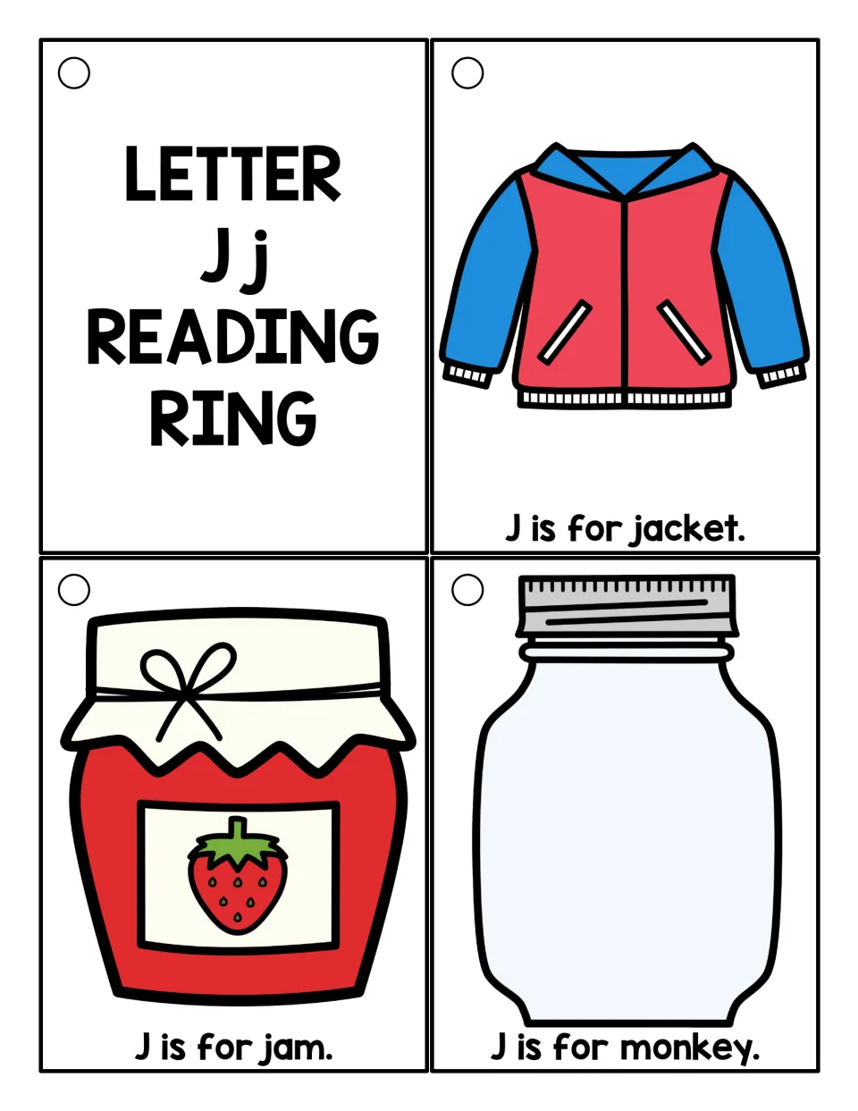 Letter Jj color cards to read: title card, jacket and jam cards, and a jar picture printed 'J is for monkey'