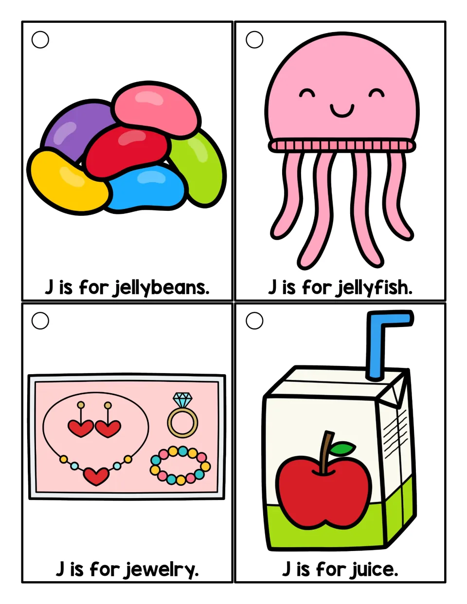 J sound color cards: students read 'J is for' sentences for jellybeans, jellyfish, jewelry and juice with pictures