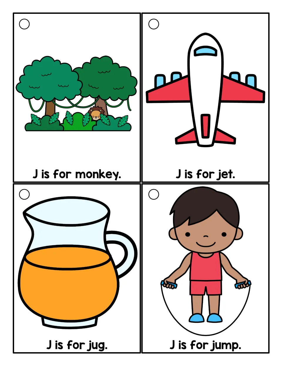 Color J word cards for jet, jug and jump, plus a jungle picture labeled 'J is for monkey'; students read each sentence
