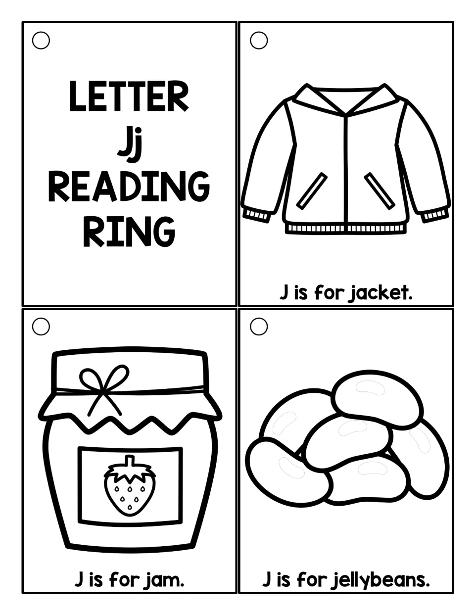 Black-and-white Letter Jj ring set: title card with jacket, jam and jellybeans cards for students to color and read