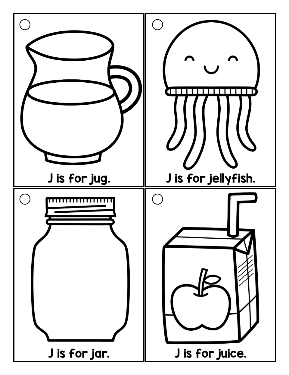 Coloring J cards: students read 'J is for' sentences for jug, jellyfish, jar and juice, then color each picture