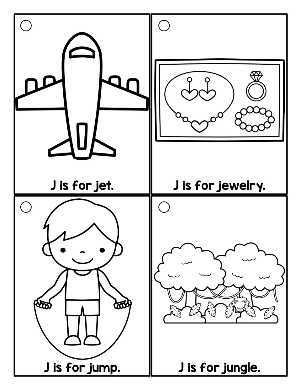 Coloring J cards for jet, jewelry, jump and jungle: students read each beginning-sound sentence and color the picture