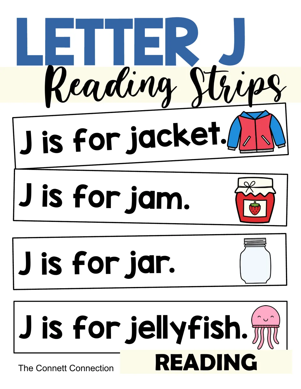 Letter J Reading Strips cover showing sample strips: J is for jacket, jam, jar and jellyfish, each with a picture