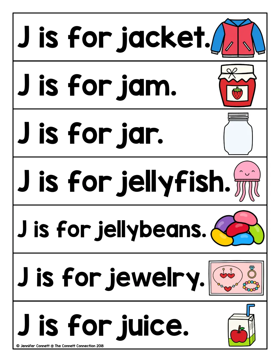Initial J sentence strips: students read J is for jacket, jam, jar, jellyfish, jellybeans, jewelry and juice with pictures