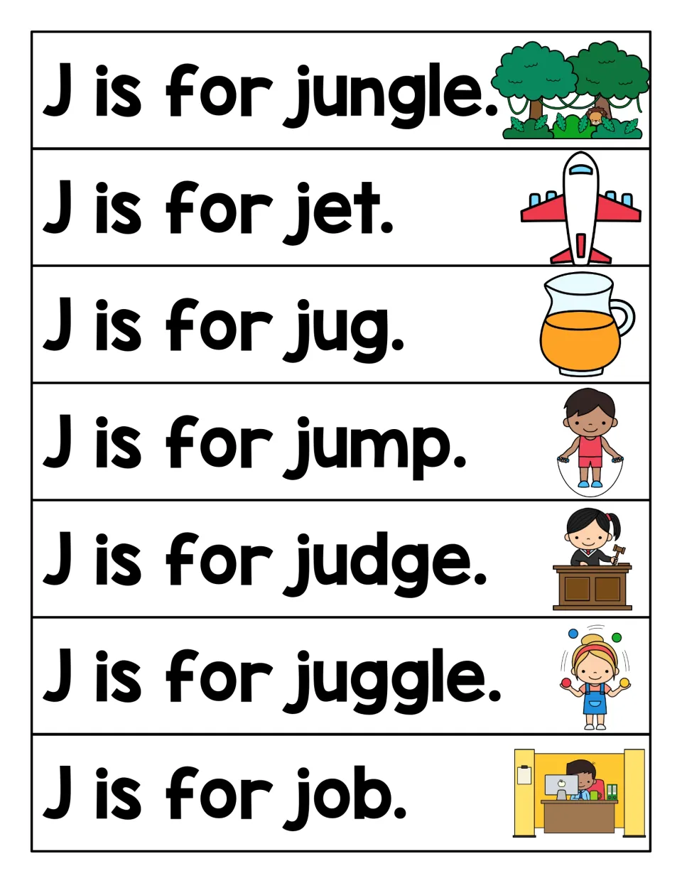 More J sound strips: students read J is for jungle, jet, jug, jump, judge, juggle and job, using the picture clues