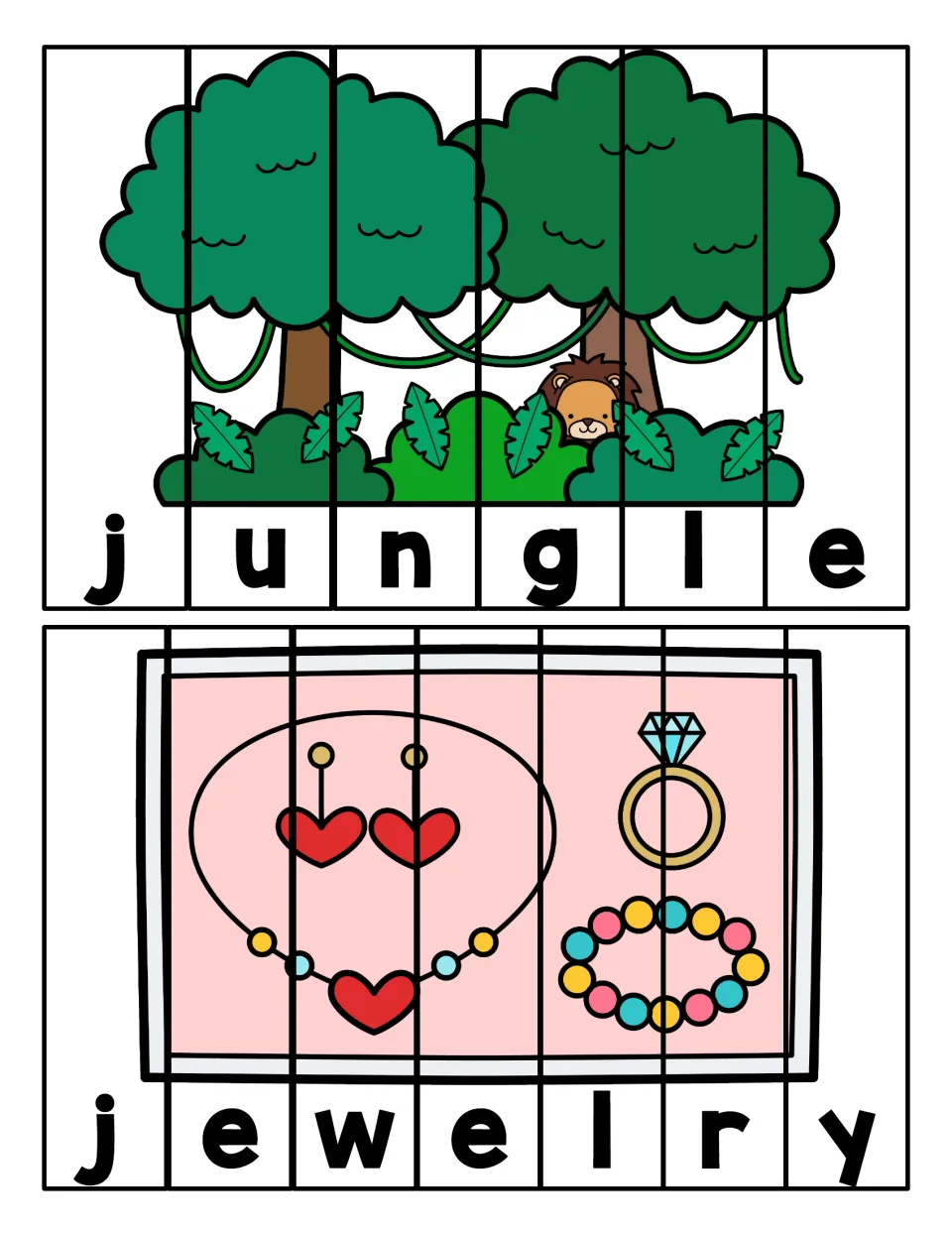 Spelling J words: students cut apart and order picture strips to spell jungle, with a lion, and jewelry, with a ring