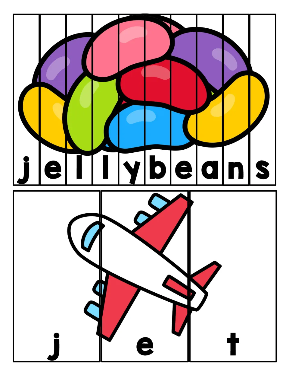 Spelling J words: students cut and order letter strips to rebuild pictures of jellybeans and a jet airplane