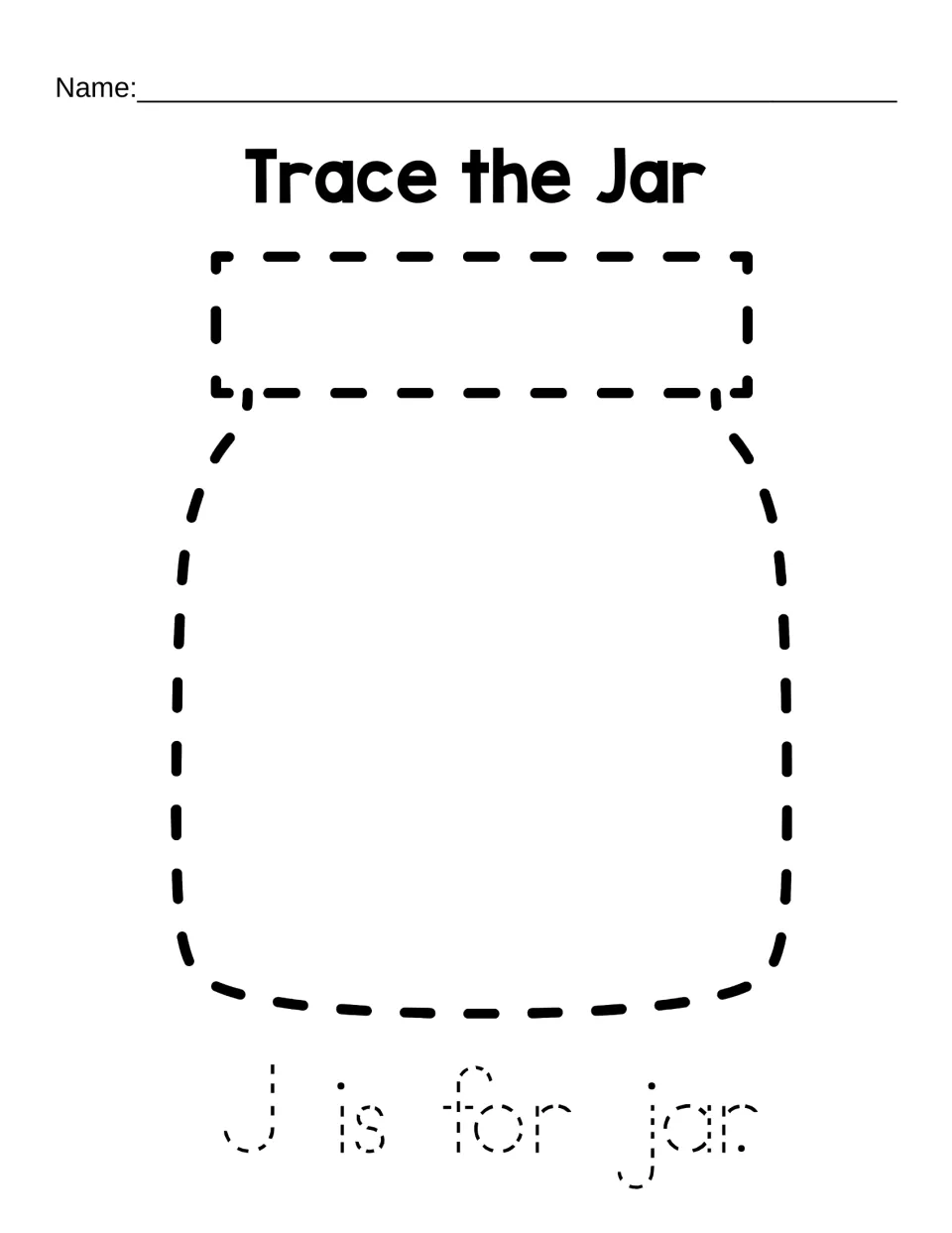 Trace the Jar: students trace the dashed outline of an empty jar and its lid, then trace the sentence J is for jar