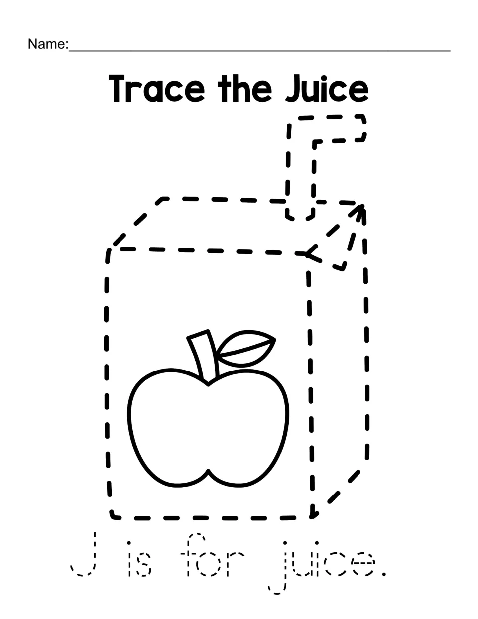 Trace the Juice: students trace a dashed juice box with a straw and apple picture, then trace J is for juice