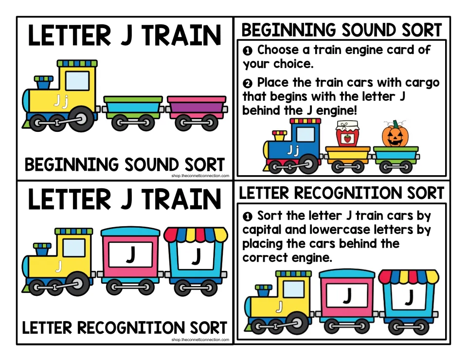 Letter J train center cards: directions for a beginning sound sort and a capital and lowercase J letter recognition sort