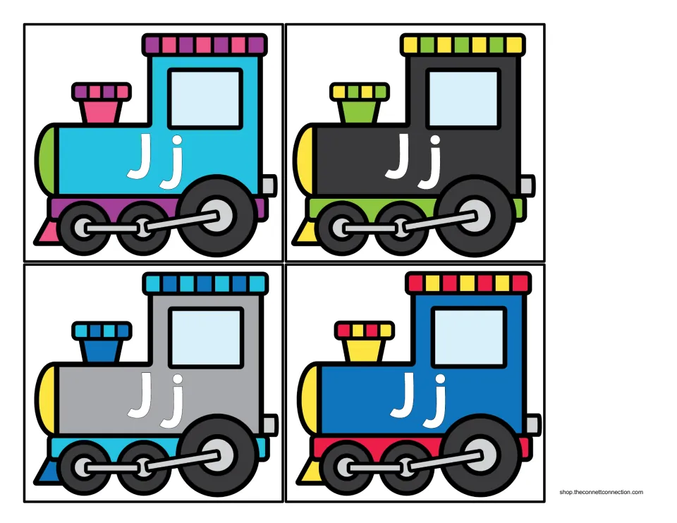 Four more train engine cut-out cards in teal, black, gray and blue, each labeled Jj, to lead the beginning sound sort