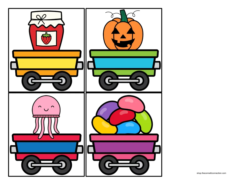 Beginning sound J train car cards carrying jam, a jack-o'-lantern, a jellyfish and jelly beans for students to sort