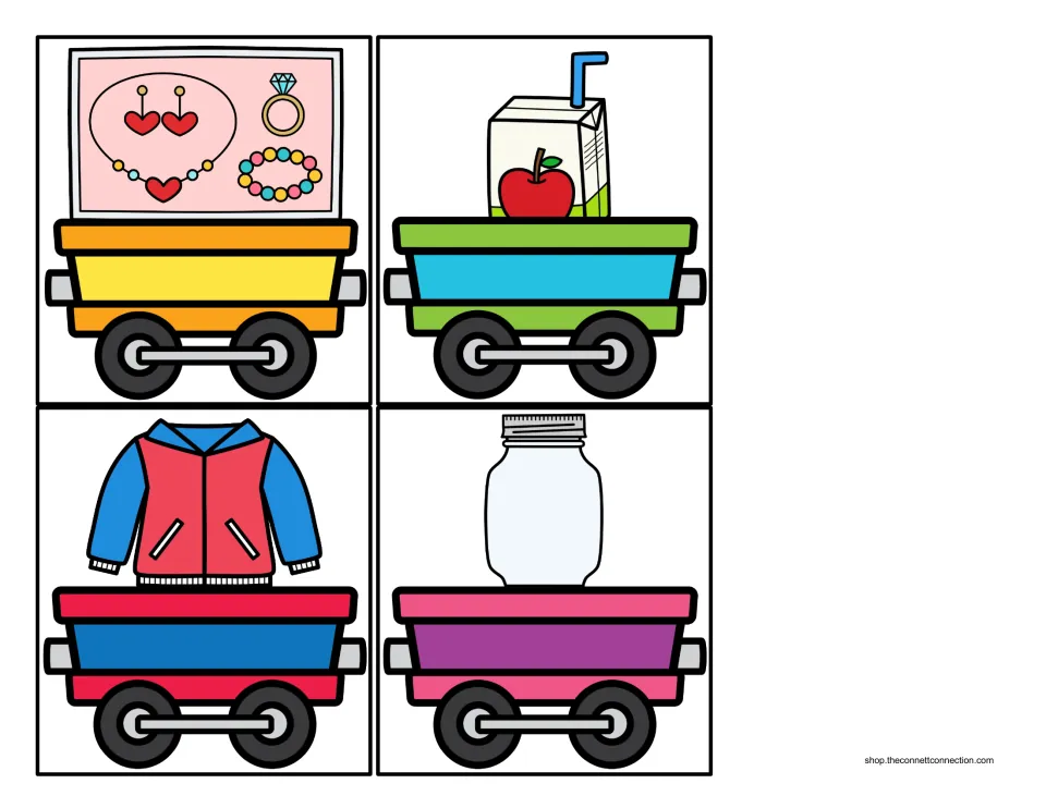 J sound train car cards with cargo pictures of jewelry, a juice box, a jacket and a jar to place behind the J engine
