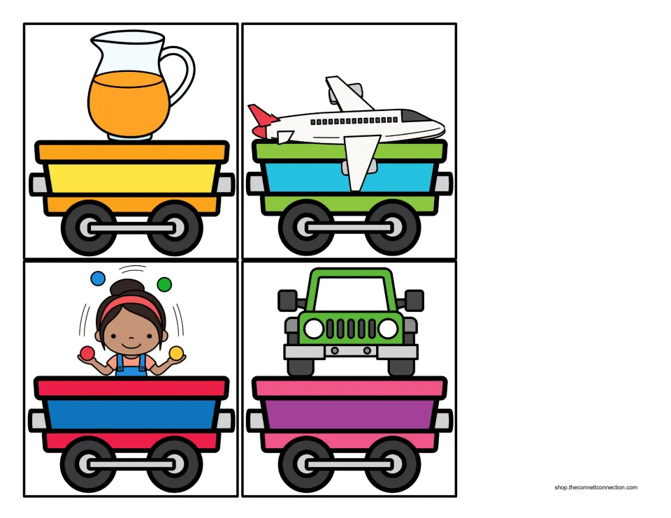 Train car picture cards for /j/: a pitcher of juice, a jet plane, a girl juggling balls and a green jeep as cargo