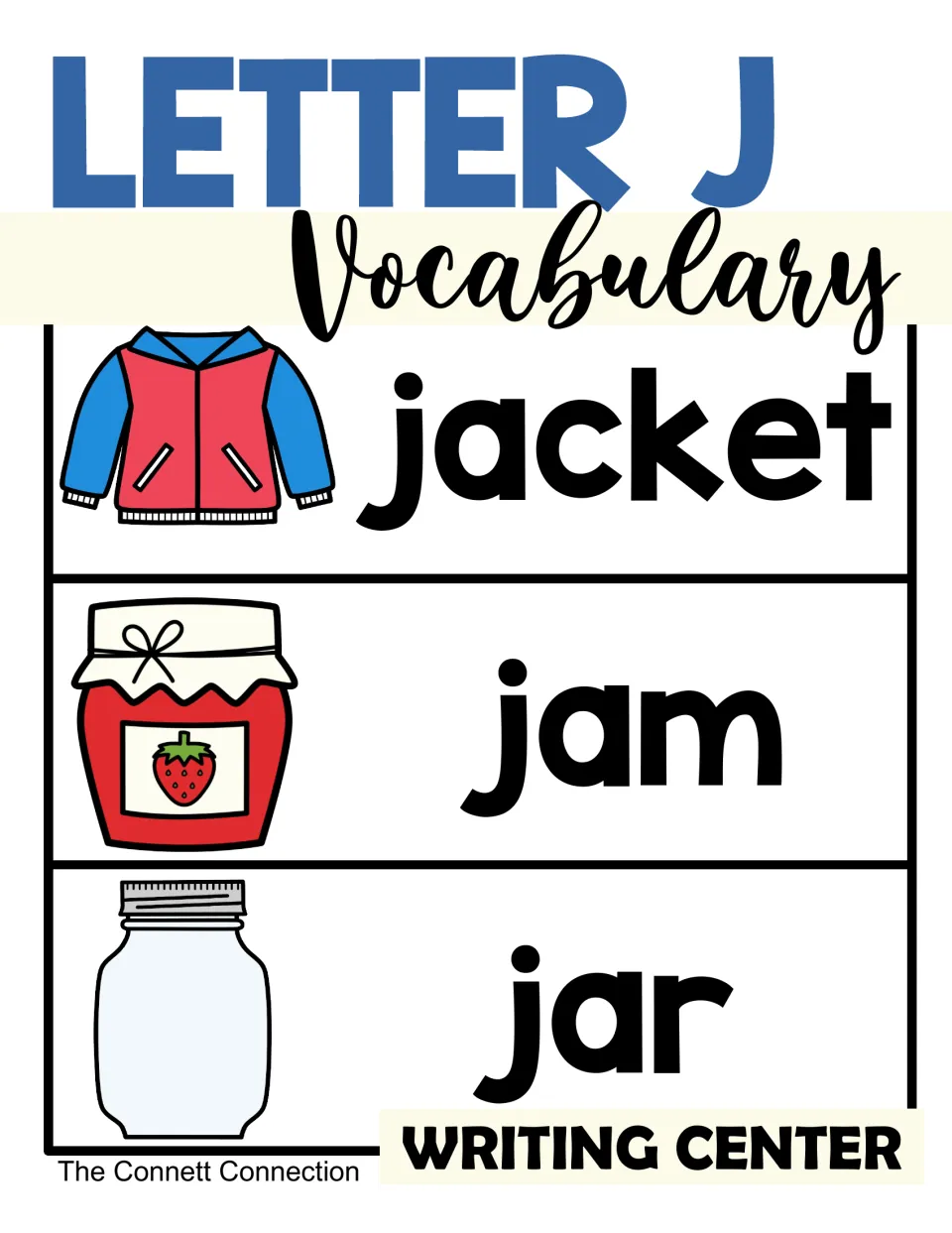Letter J vocabulary cover showing illustrated examples for jacket, jam, and jar, labeled Writing Center