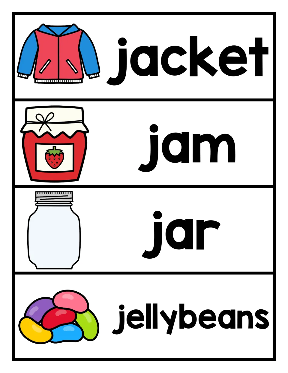 Letter J vocabulary cards 1–4 of the 12-card set pair pictures with the words jacket, jam, jar, and jellybeans