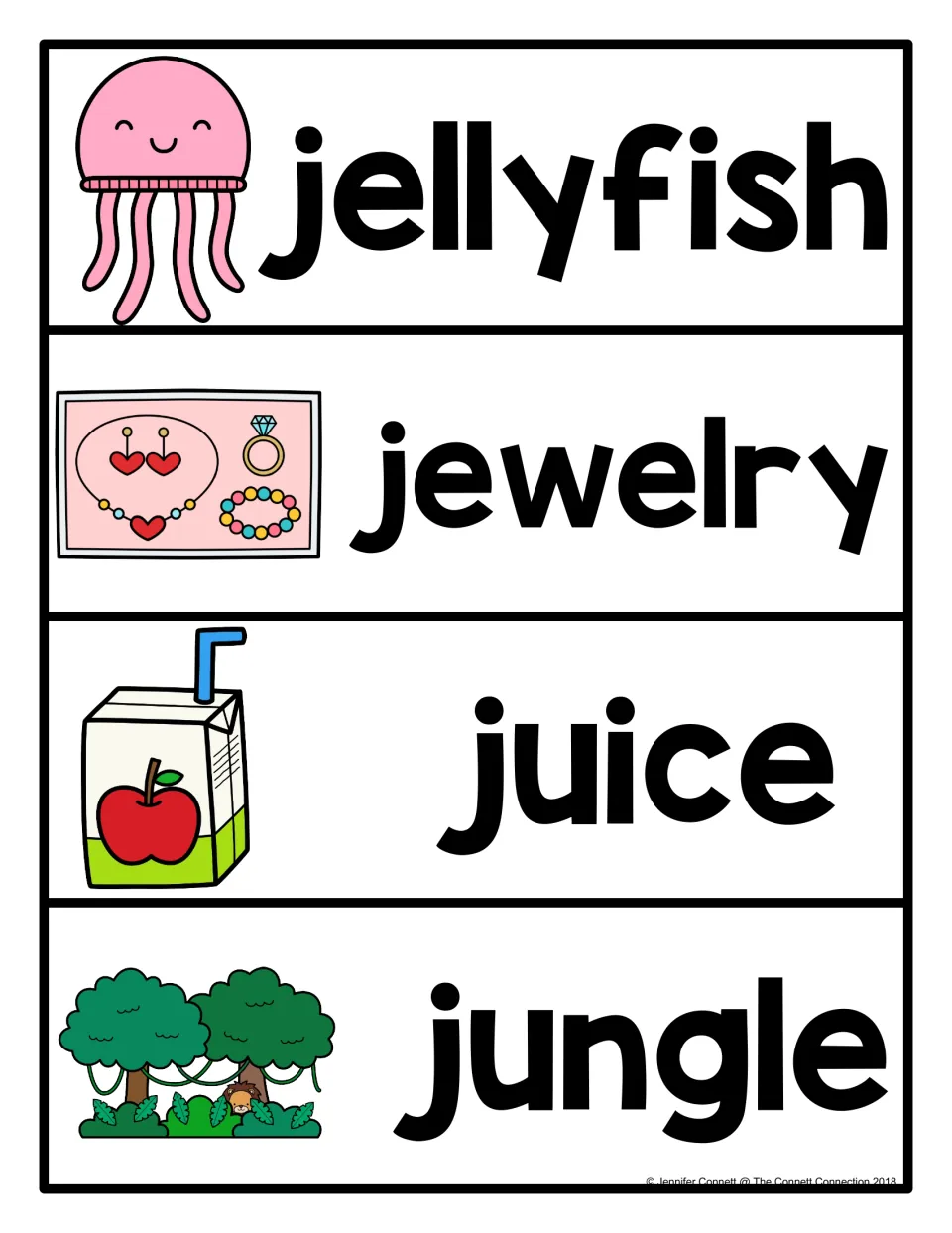 Letter J vocabulary cards 5–8 pair pictures with the printed words jellyfish, jewelry, juice, and jungle