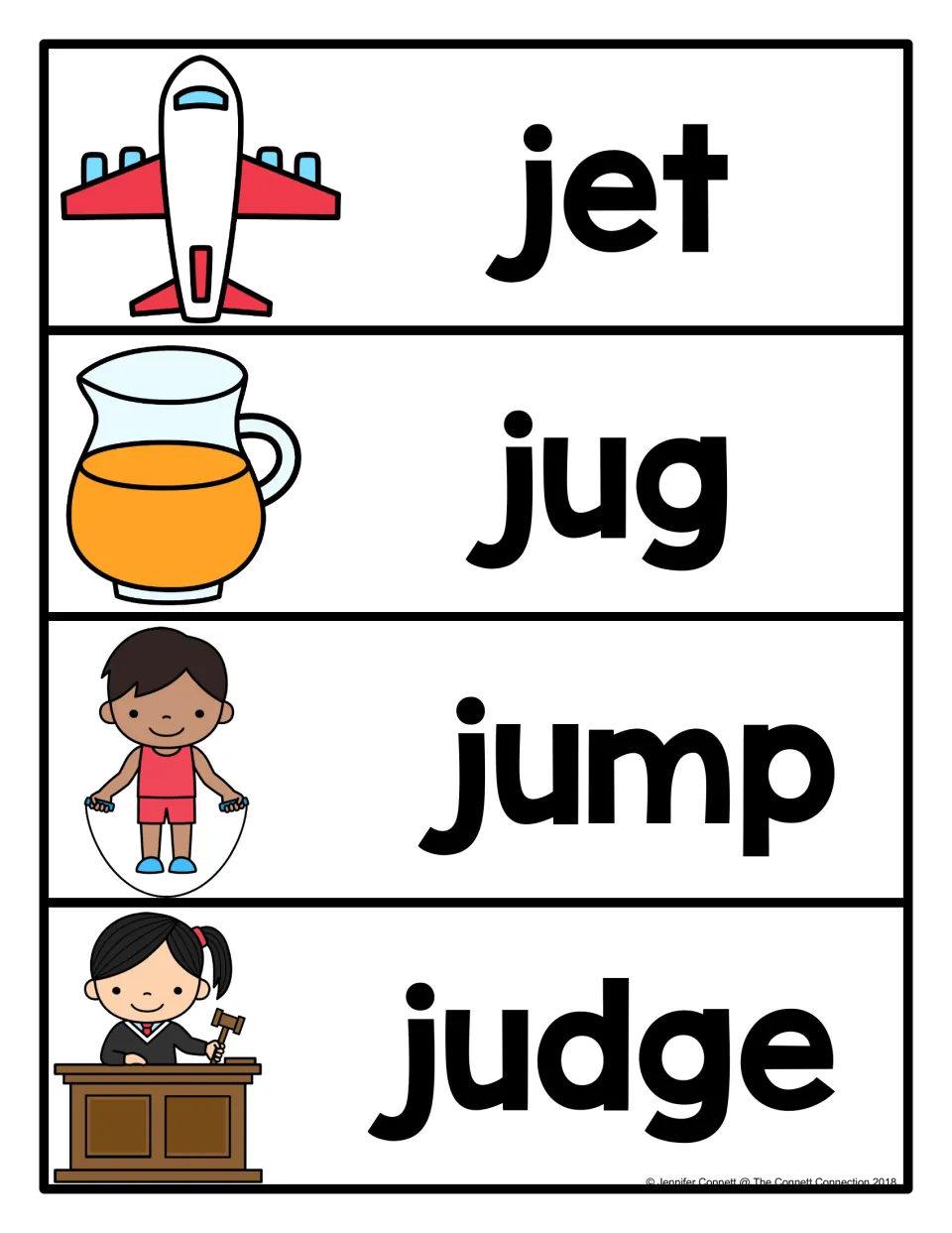 Letter J vocabulary cards 9–12 of the 12-card set pair pictures with the words jet, jug, jump, and judge