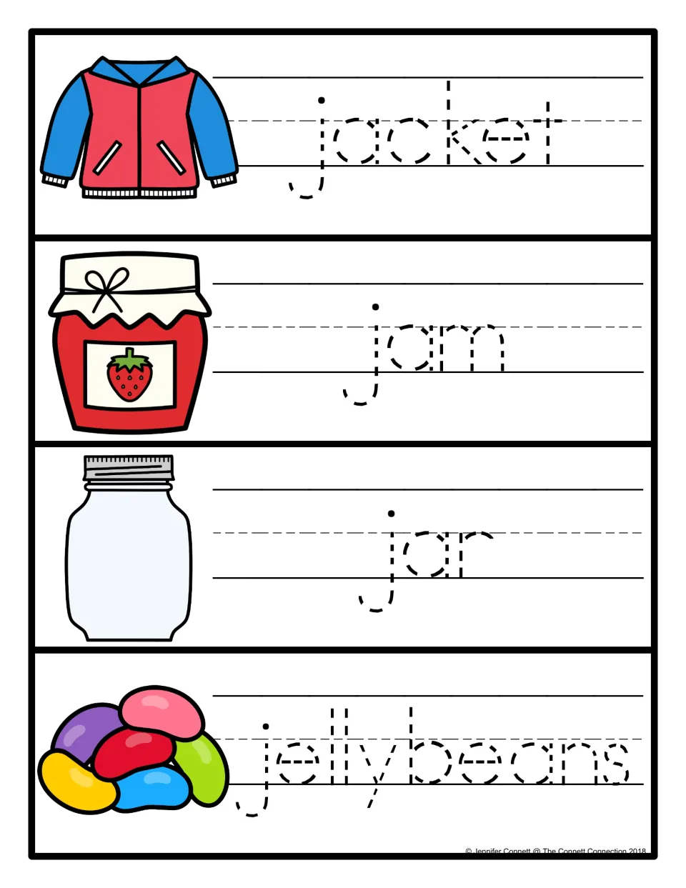 Letter J word-tracing cards 1–4 feature pictures and dotted lowercase words jacket, jam, jar, and jellybeans