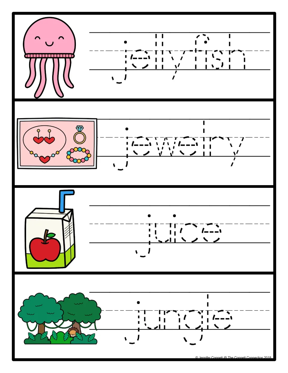 Letter J word-tracing cards 5–8 show pictures and dotted lowercase words jellyfish, jewelry, juice, and jungle