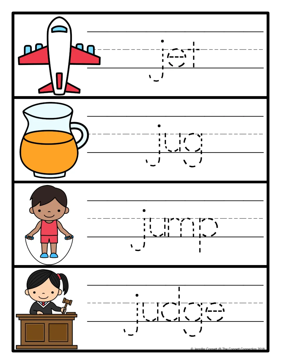 Letter J word-tracing cards 9–12 feature pictures and dotted lowercase words jet, jug, jump, and judge