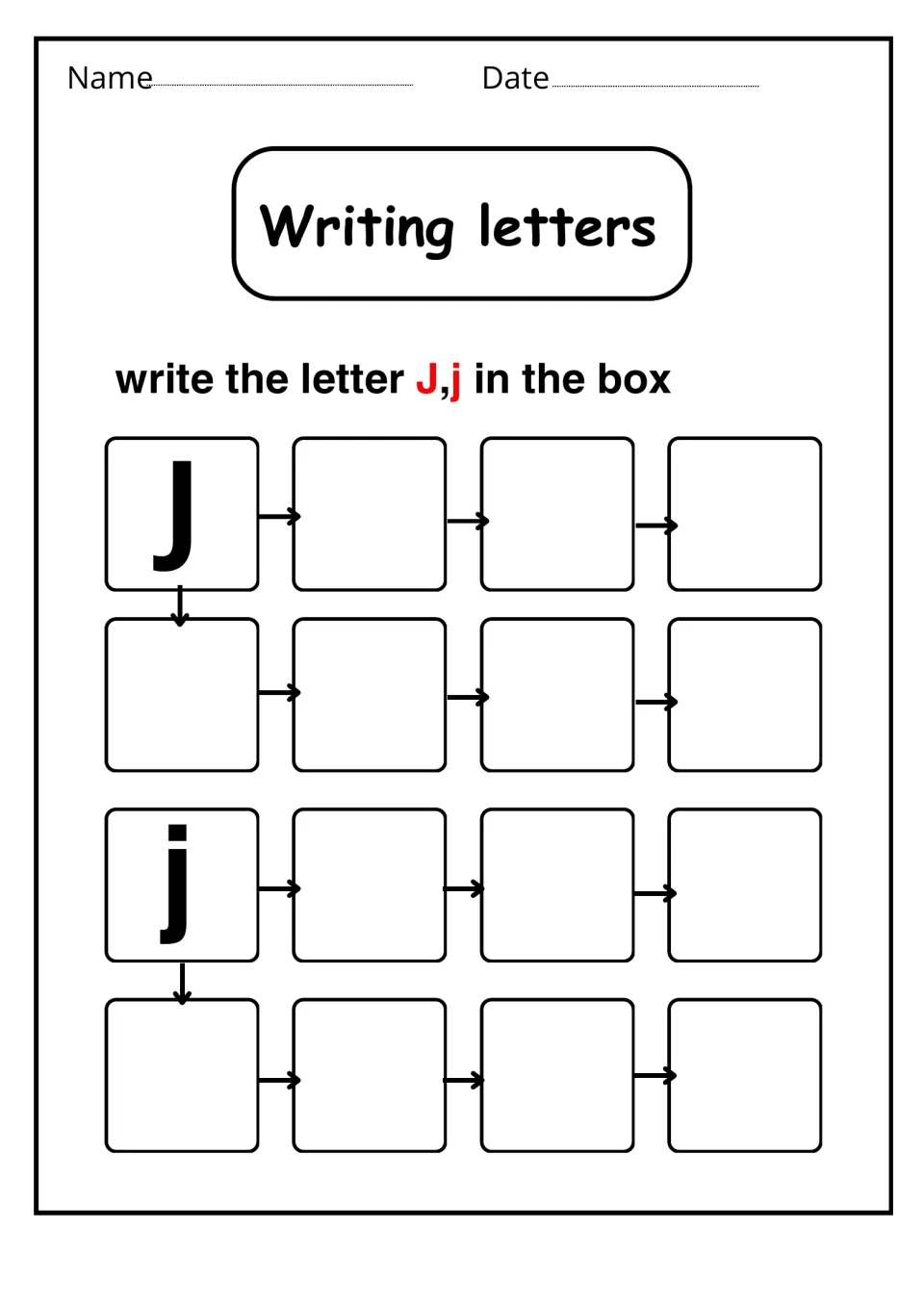 Writing letters: students copy uppercase J and lowercase j seven times each, following arrows from the model letter