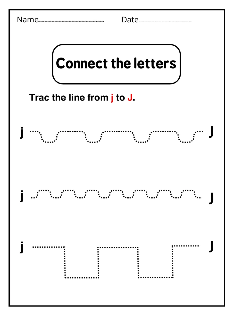 Connect the letters: students trace wavy, curvy and square paths from lowercase j to uppercase J for pencil control