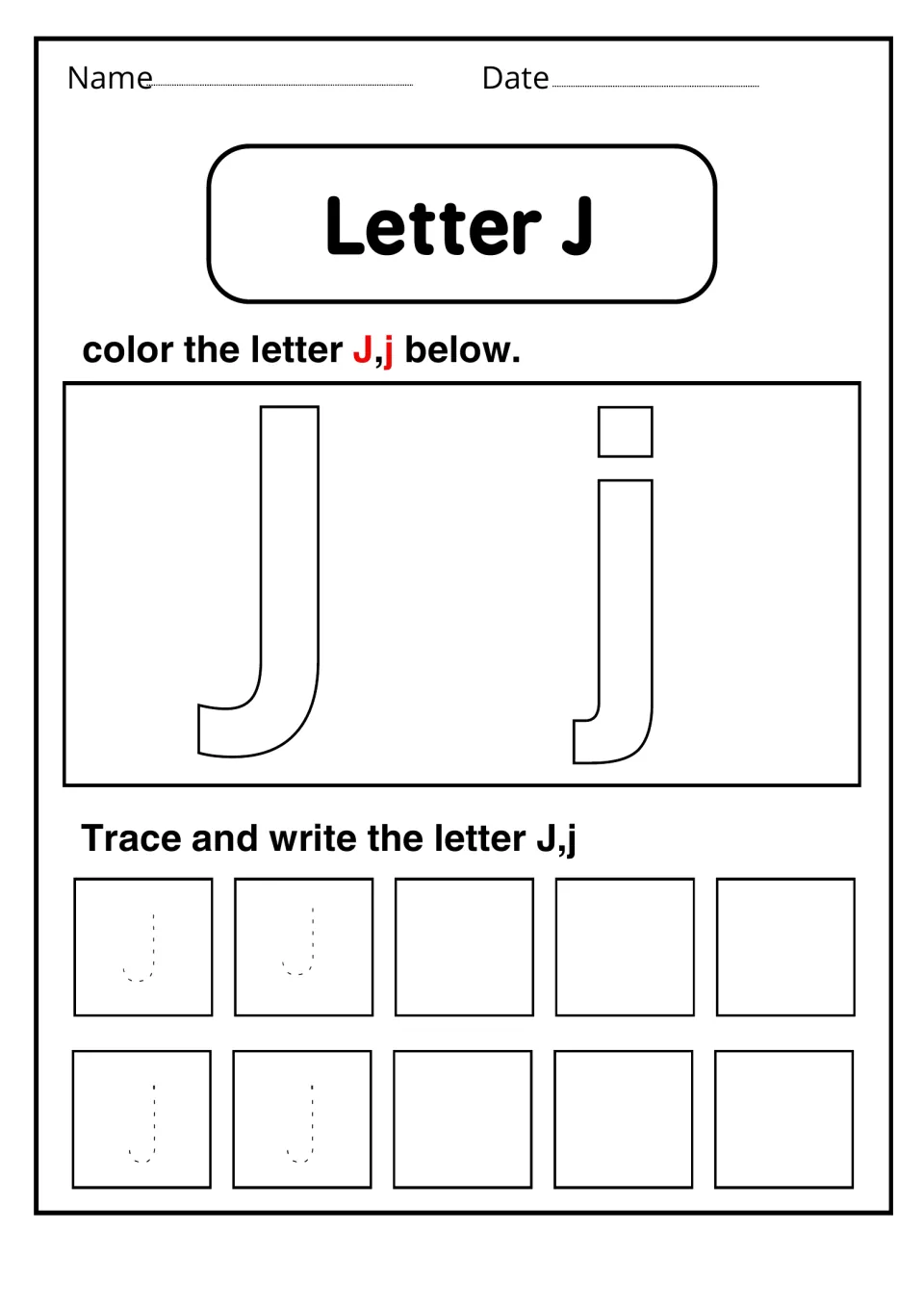 Letter J: students color large outlined J and j, then trace dotted J and j and write their own in the empty spaces