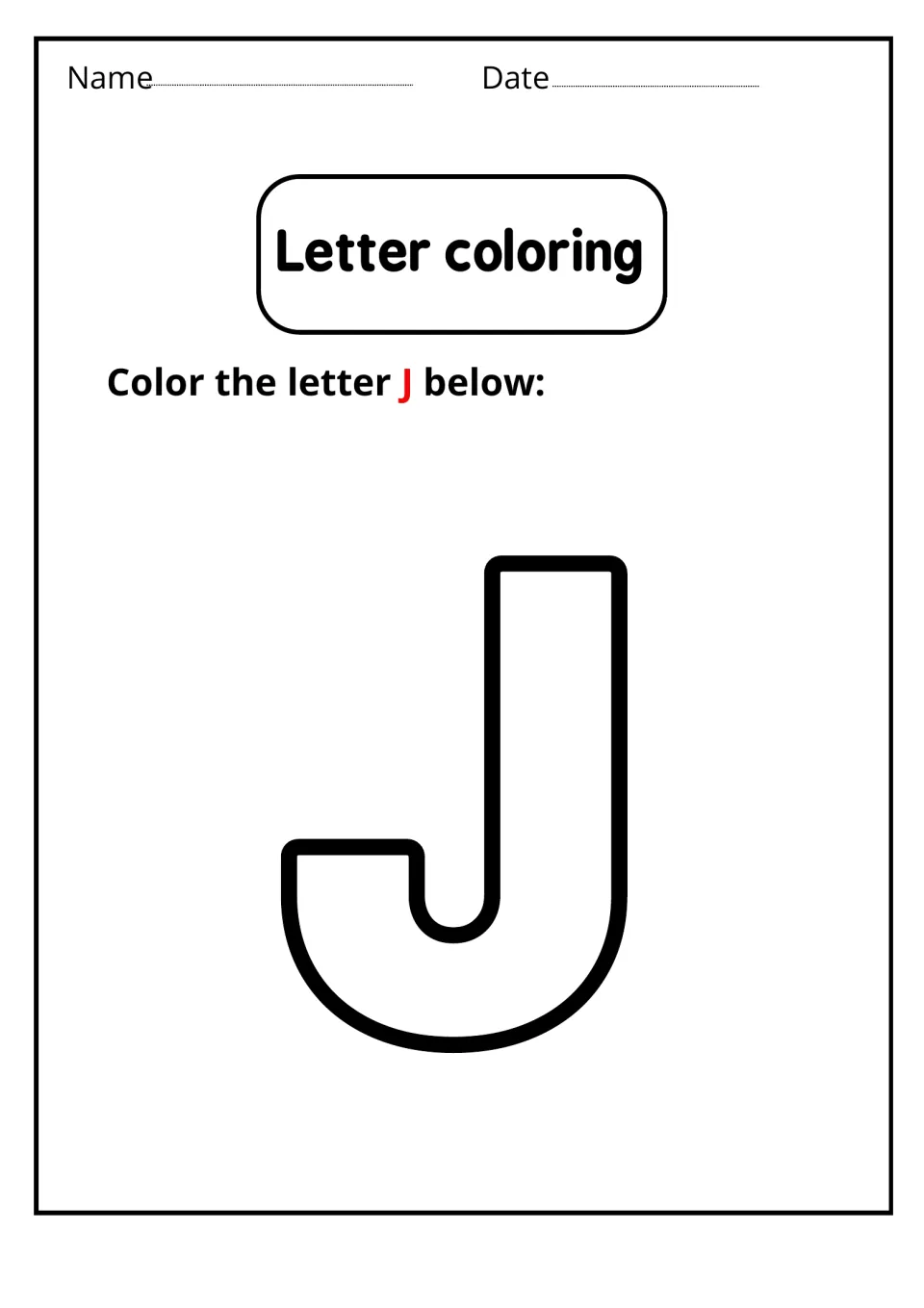 Letter coloring: students color one large outlined uppercase J, a capital letter with a straight stem and curved hook