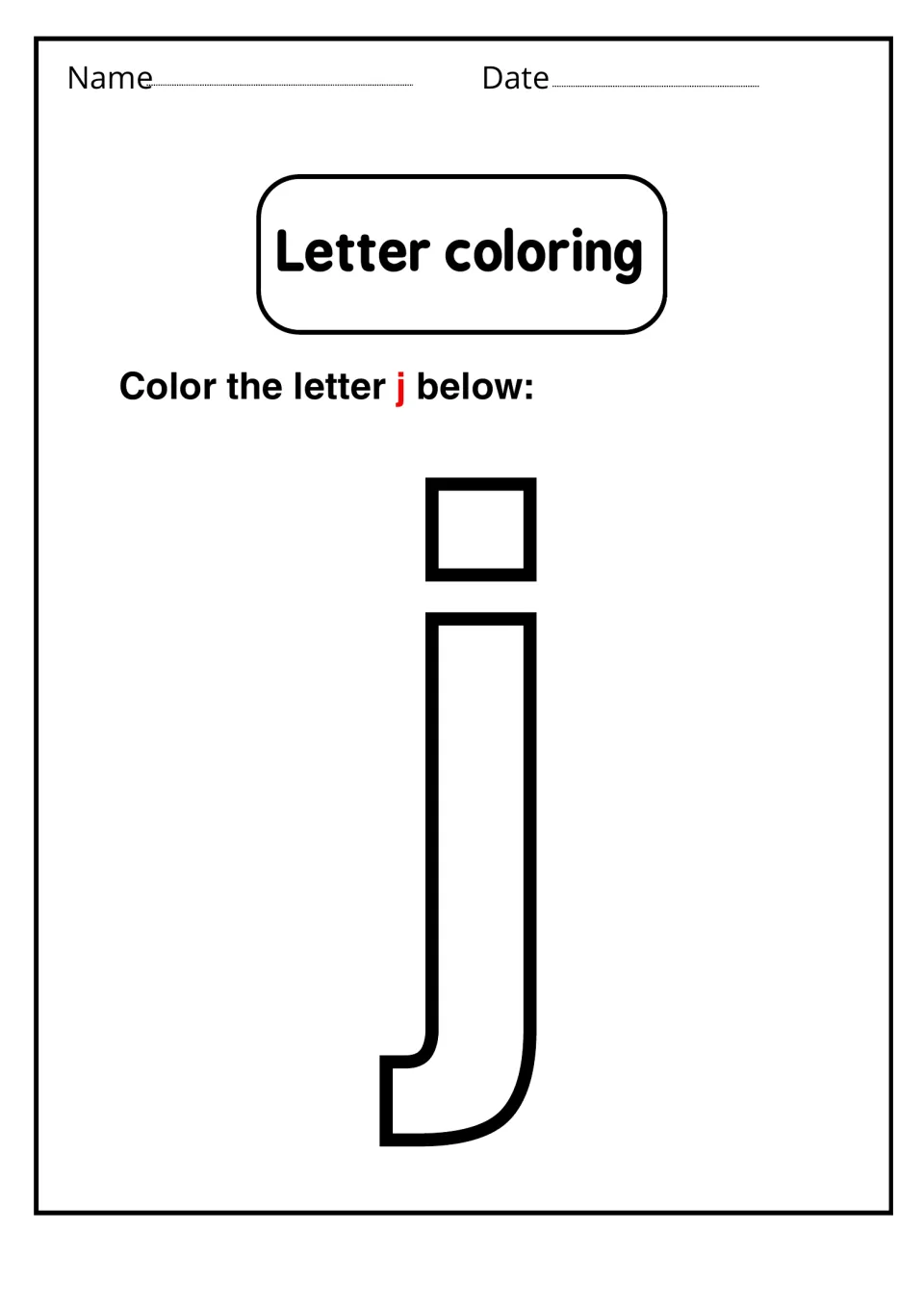 Letter coloring: students color a large outlined lowercase j, including its separate dot, with its tail curving left