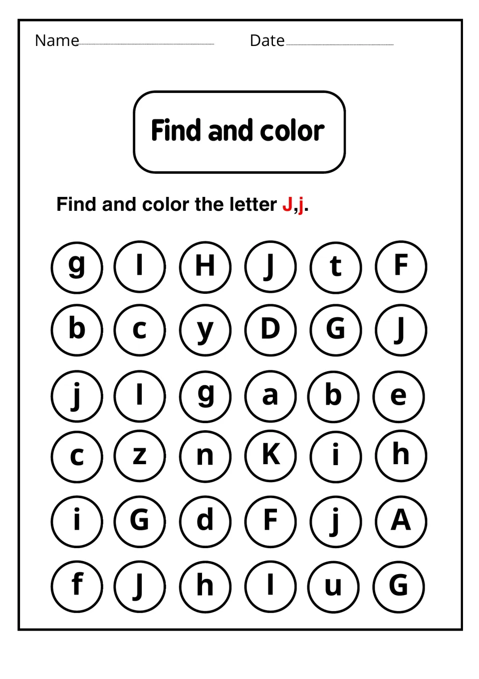 Find and color: students scan 36 mixed letters and color the three uppercase J and two lowercase j for letter recognition