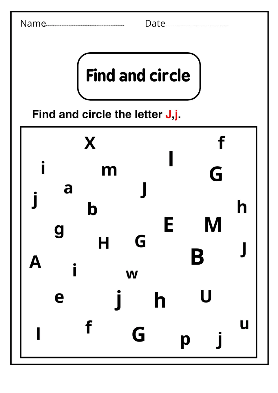Find and circle: students search scattered letters and circle the two uppercase J and three lowercase j hidden among them