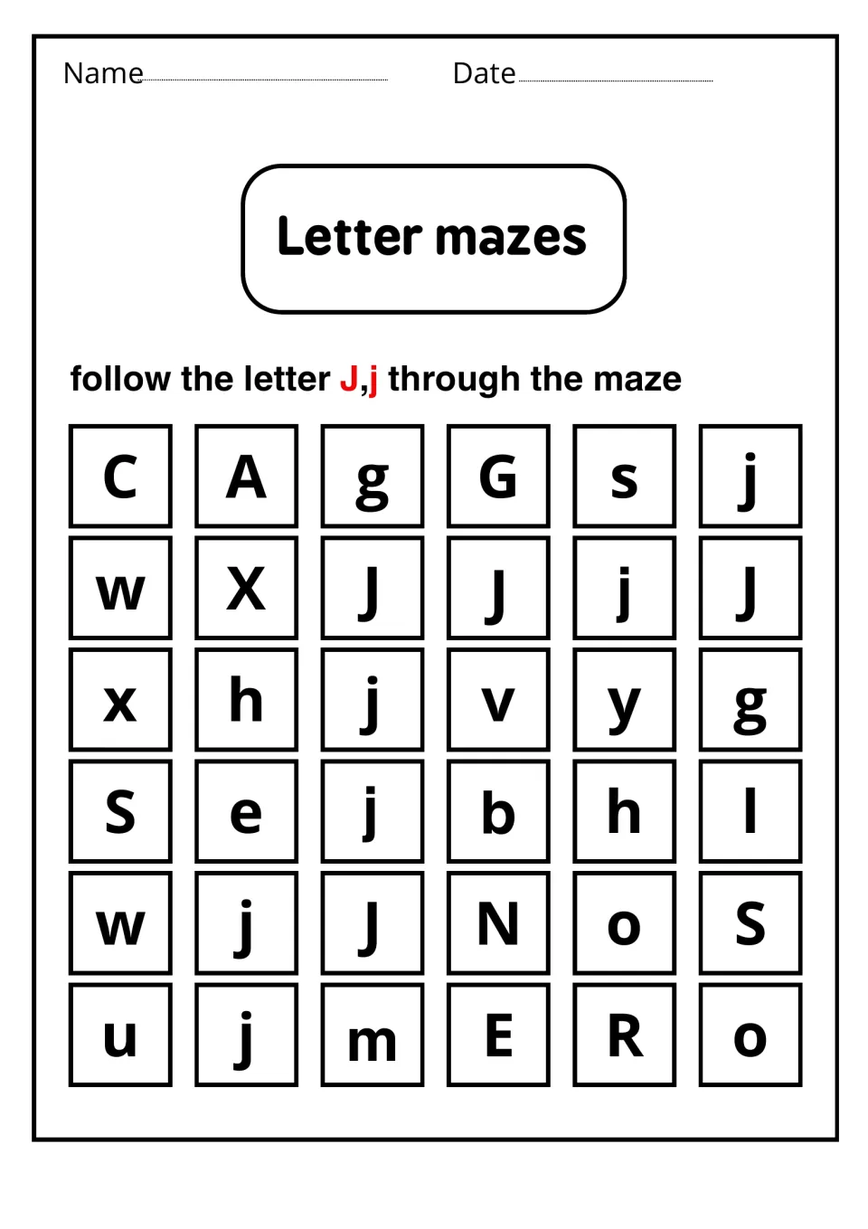 Letter mazes: students follow a path of J and j from the top row to the bottom, avoiding the other letters
