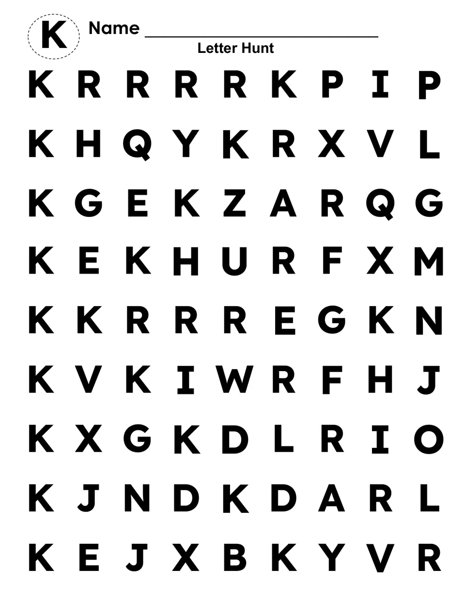 Letter K hunt: students find and color every K mixed among other capital letters in nine rows to reveal a hidden K
