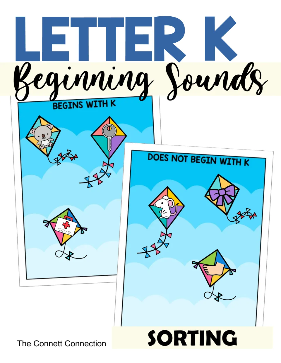 Letter K beginning sounds sorting cover: kites showing koala, key, first aid kit, mouse, bow and foot on two sort mats
