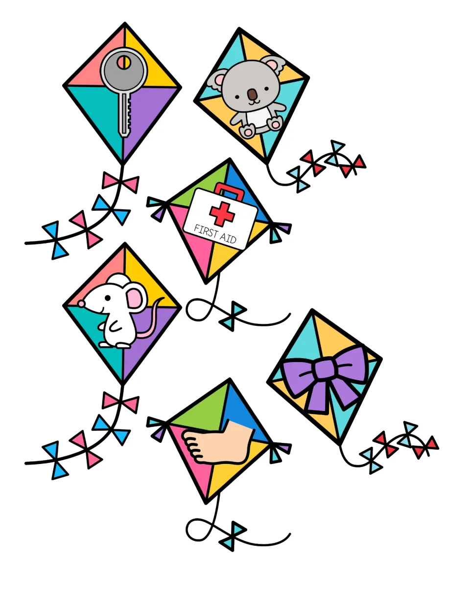 Six kite picture cards to cut out and sort by first sound: key, koala, first aid kit, mouse, bow and foot