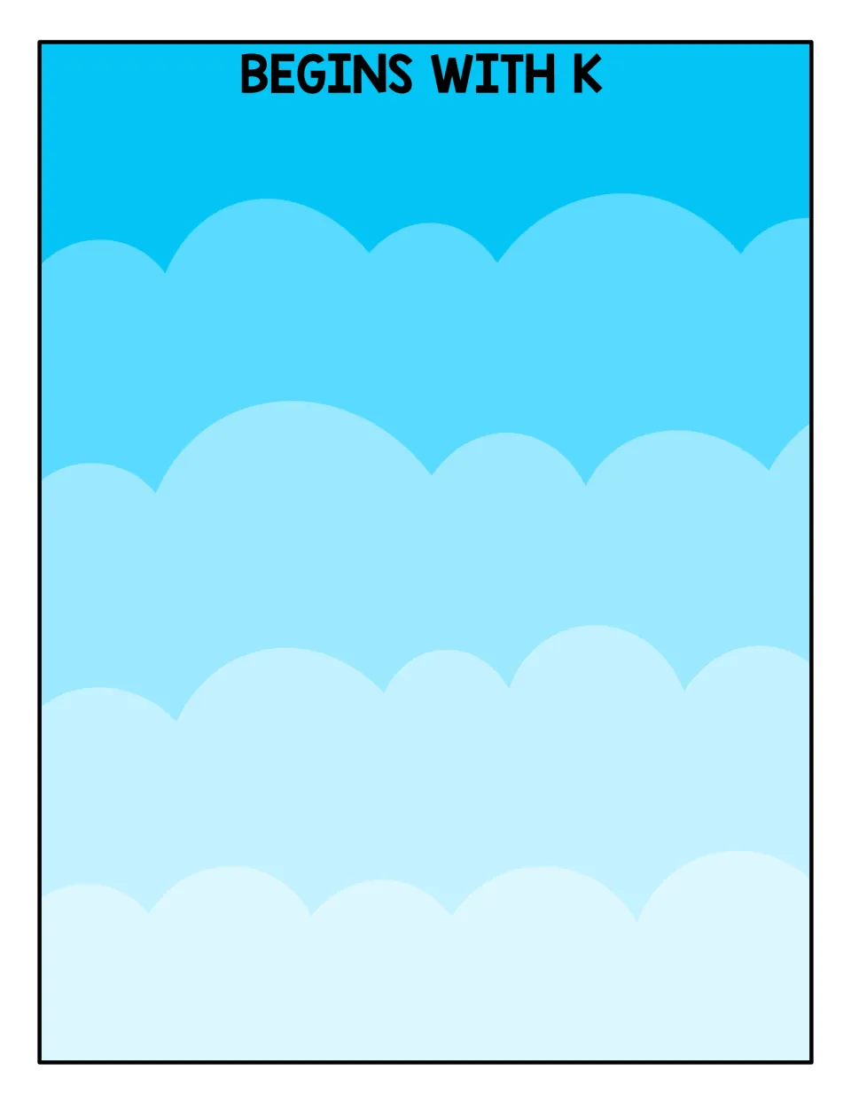 Begins With K sort mat on a cloudy sky where students place kite picture cards whose names start with the /k/ sound