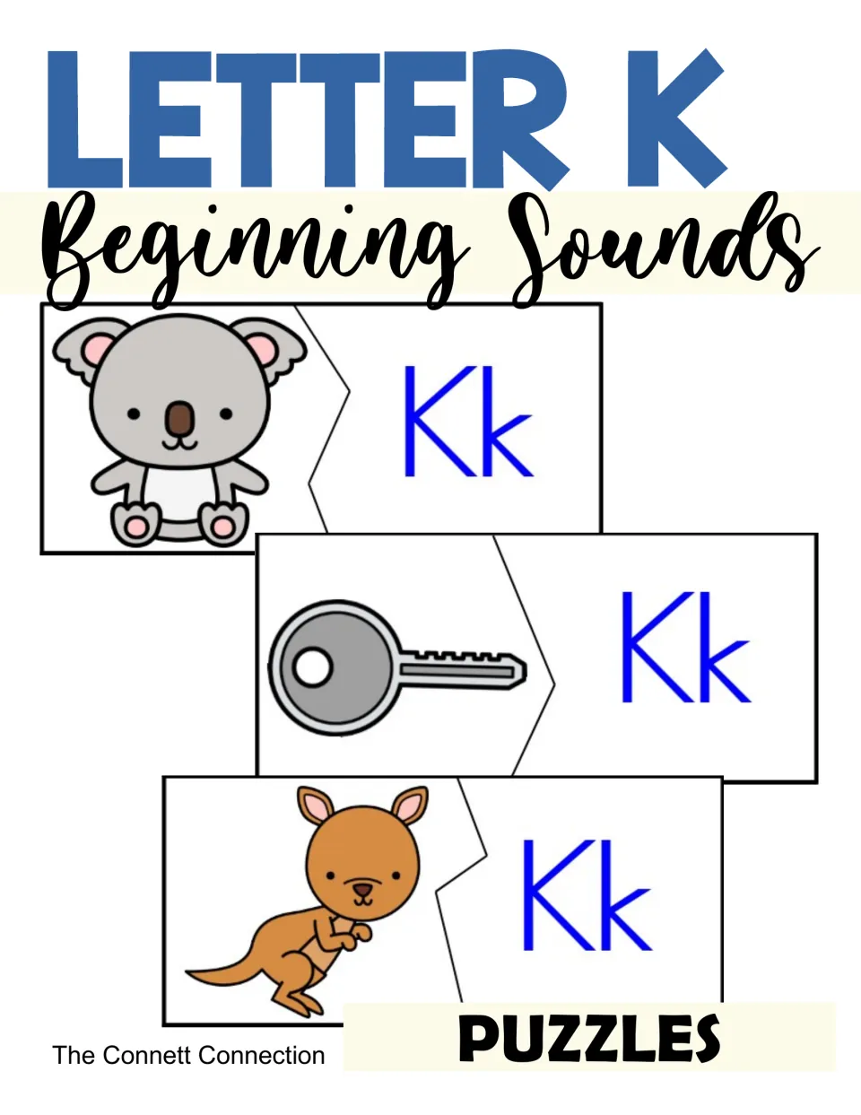 Cover for Letter K beginning sounds puzzles: two-piece cards matching a koala, key and kangaroo picture to Kk