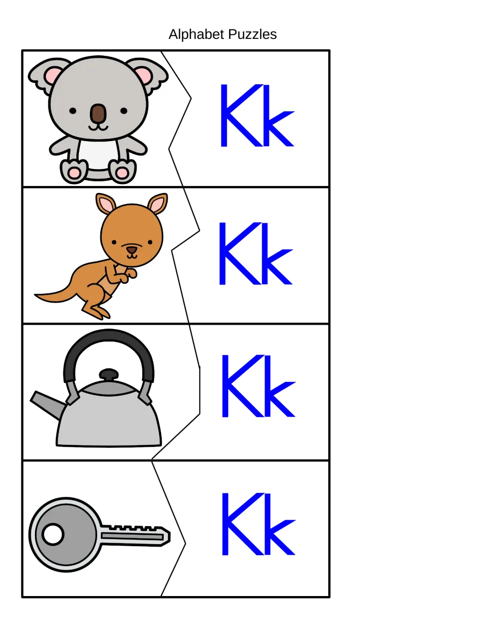 Alphabet Puzzles for K sound: students cut and join picture halves of a koala, kangaroo, kettle and key to the Kk halves