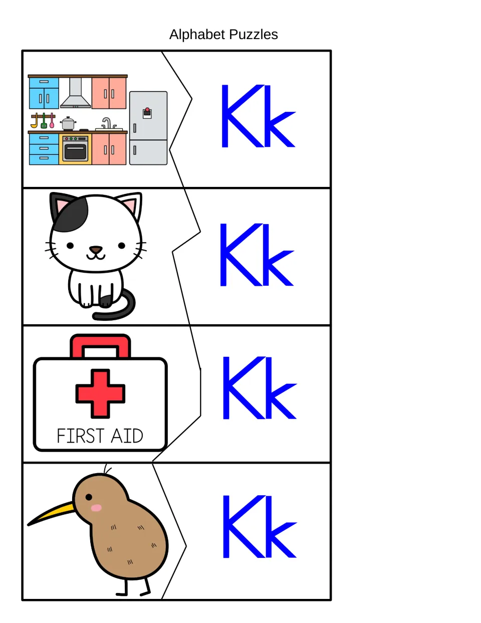 Alphabet Puzzles: students match kitchen, kitten, first aid kit and kiwi bird picture pieces to Kk to hear initial K