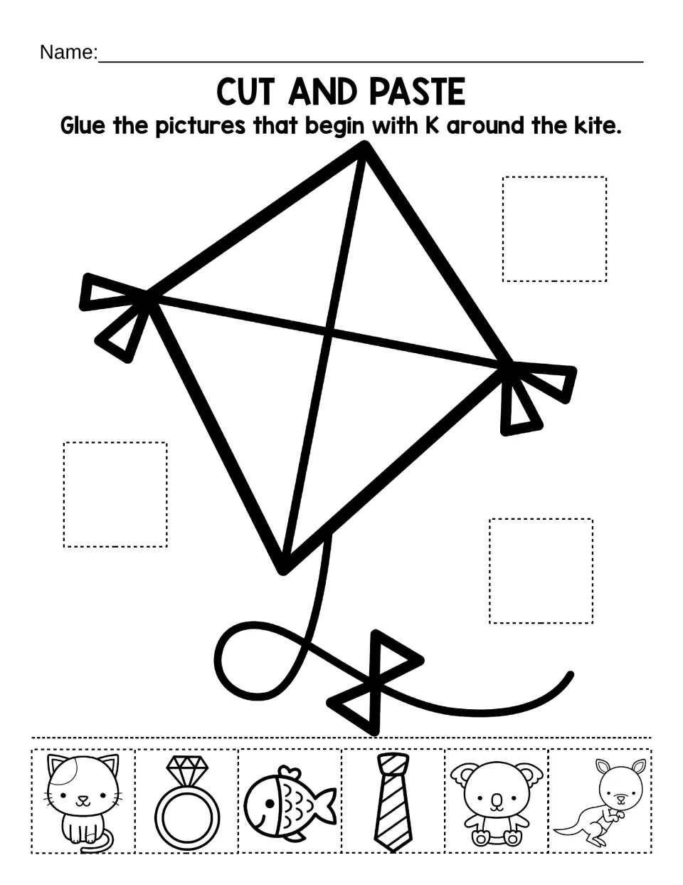 Letter K beginning sounds: students cut out pictures such as a koala and kangaroo and glue K words around a kite