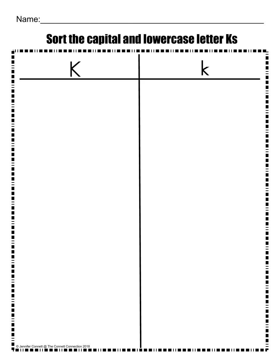 Capital and lowercase K sort: blank mat headed K and k where students place each letter under the matching case