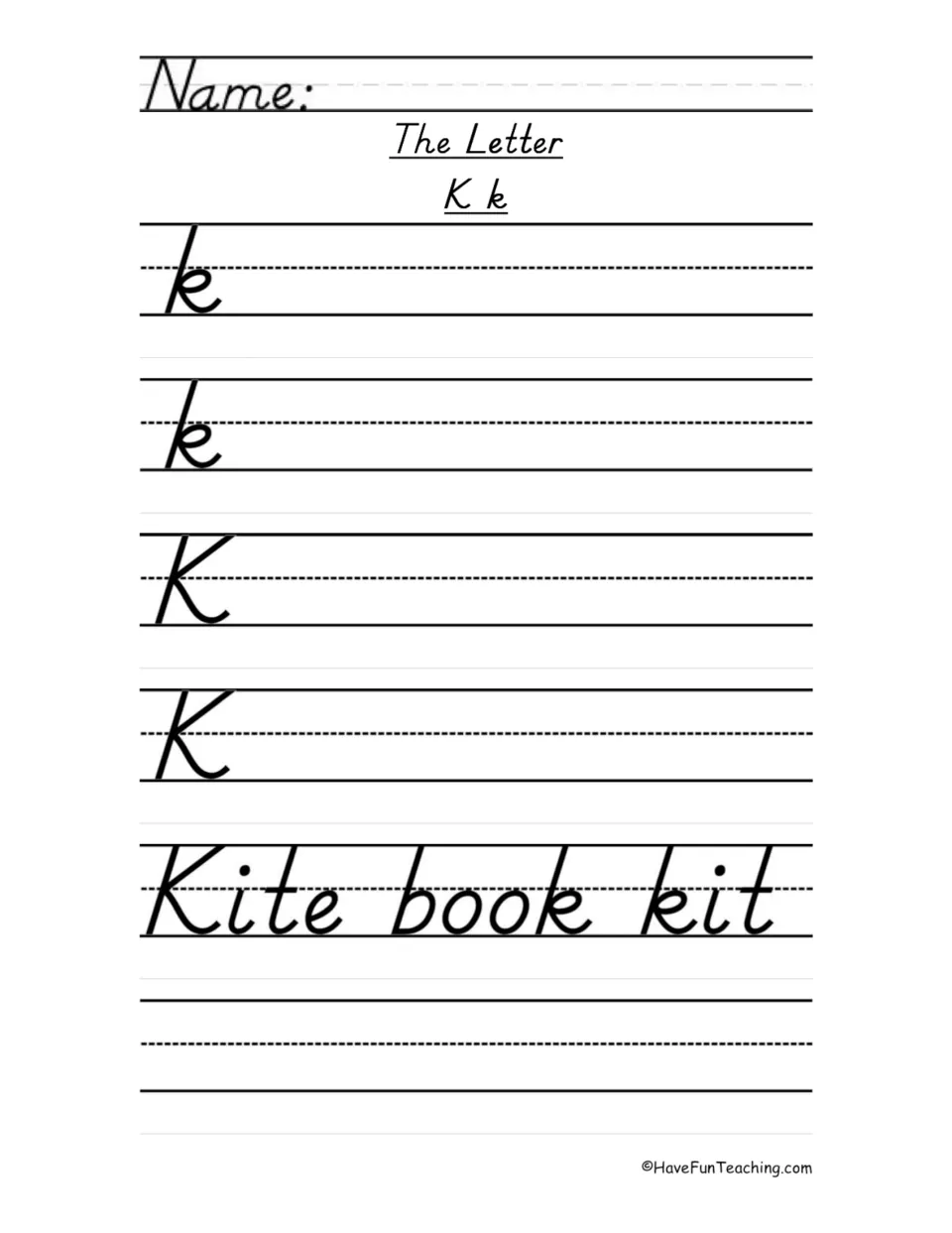 Letter K handwriting practice: two lowercase k models, two uppercase K models, and the words Kite, book, kit.