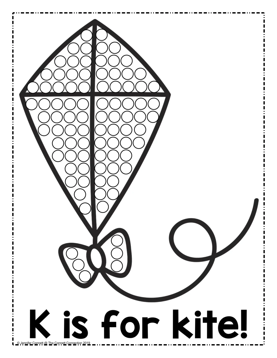 K is for kite: students dab a dot marker or paint in each circle on a kite and its bow, naming the kite that starts with K