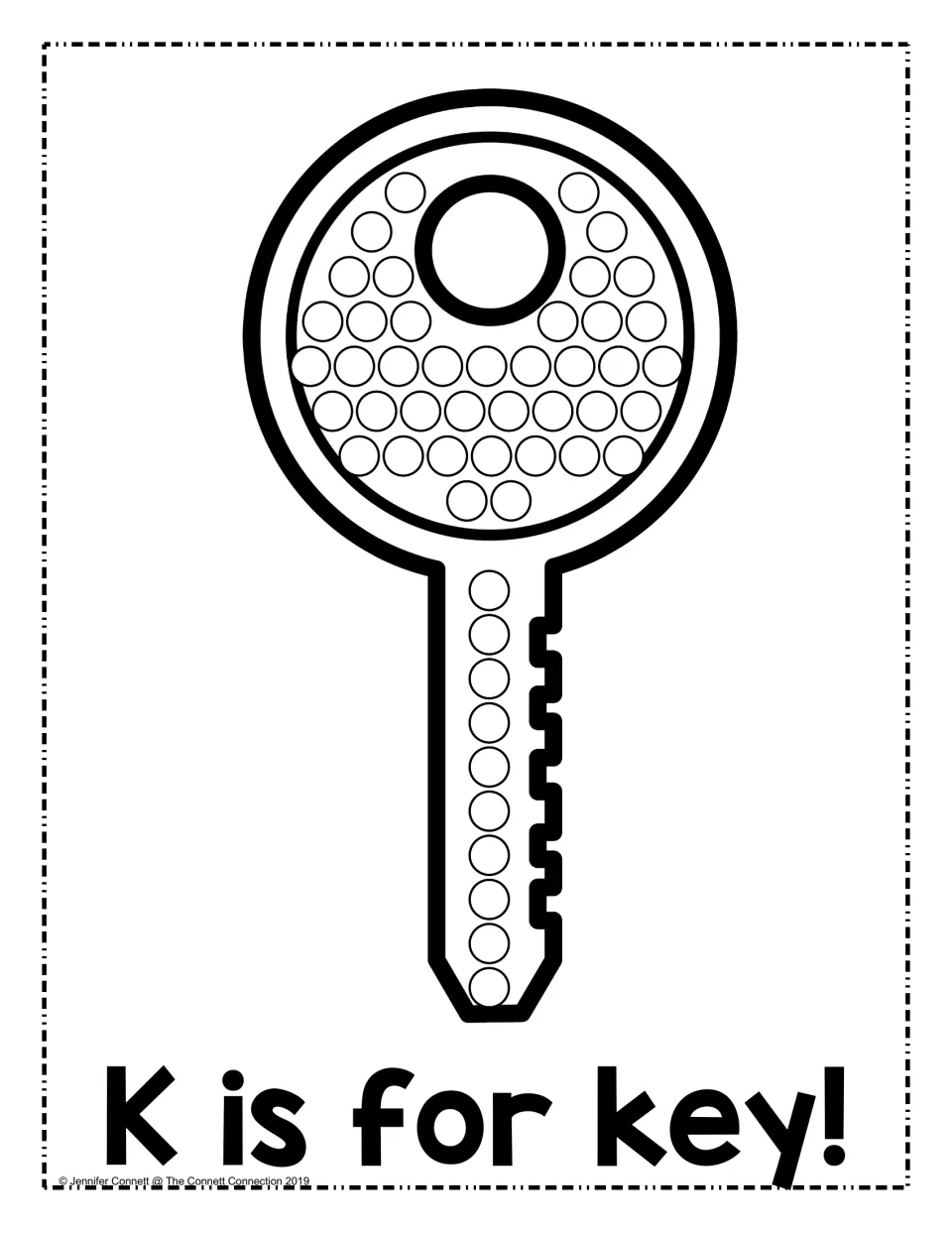 K is for key: students fill each circle on a large key outline with dot markers or paint to practise the /k/ sound