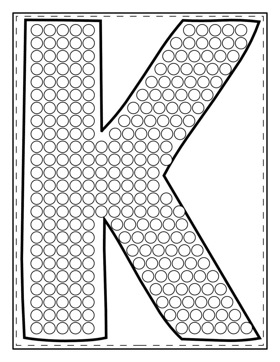 Uppercase K letter shape filled with circles for students to dab with dot markers, tracing the letter's form as they go